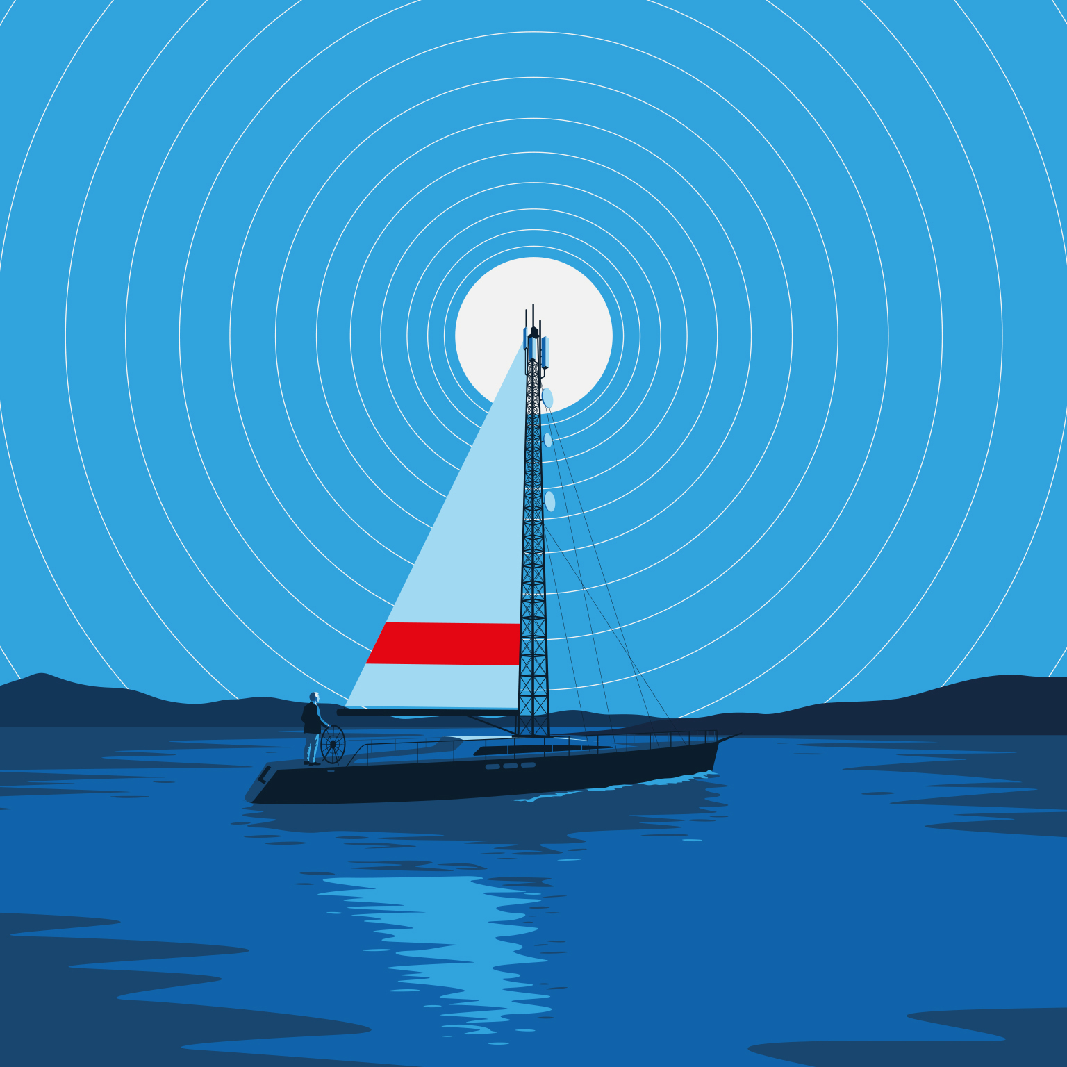  Illustration of a sailboat carrying a tall communications tower across calm water beneath a large white sun. Concentric signal rings radiate across the blue sky from behind the tower, symbolizing the spread of communication and global connectivity, while a person stands at the helm steering the boat toward the horizon.