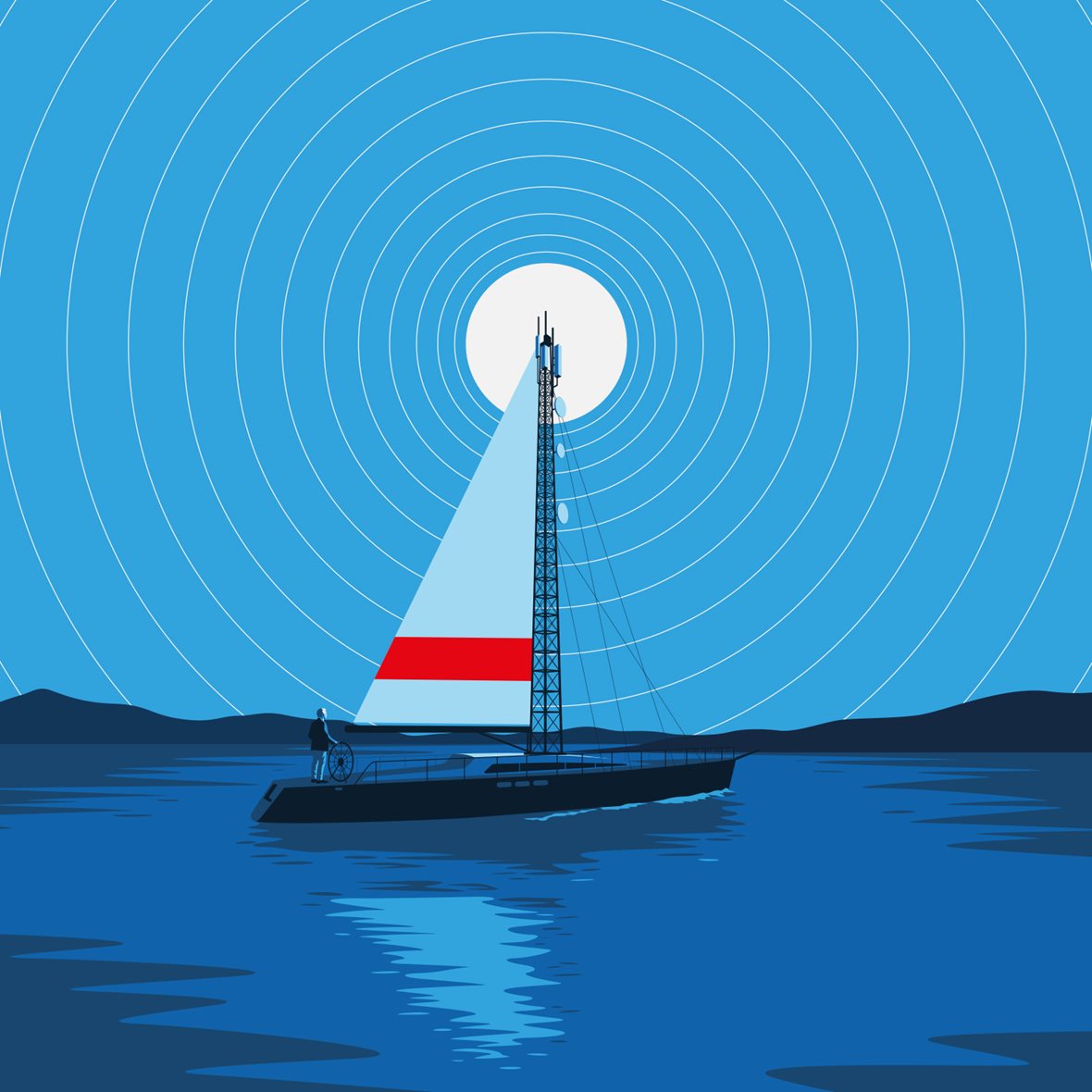 Illustration of a sailboat carrying a tall communications tower across calm water beneath a large white sun. Concentric signal rings radiate across the blue sky from behind the tower, symbolizing the spread of communication and global connectivity, while a person stands at the helm steering the boat toward the horizon.