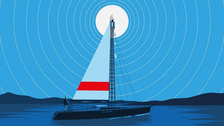 Illustration of a sailboat carrying a tall communications tower across calm water beneath a large white sun. Concentric signal rings radiate across the blue sky from behind the tower, symbolizing the spread of communication and global connectivity, while a person stands at the helm steering the boat toward the horizon.