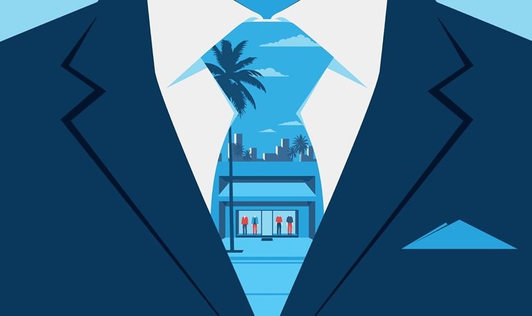 A stylized depiction of a man's suit, with the tie serving as a window into a tropical Miami cityscape featuring a small shop with men's wear mannequins in its window.