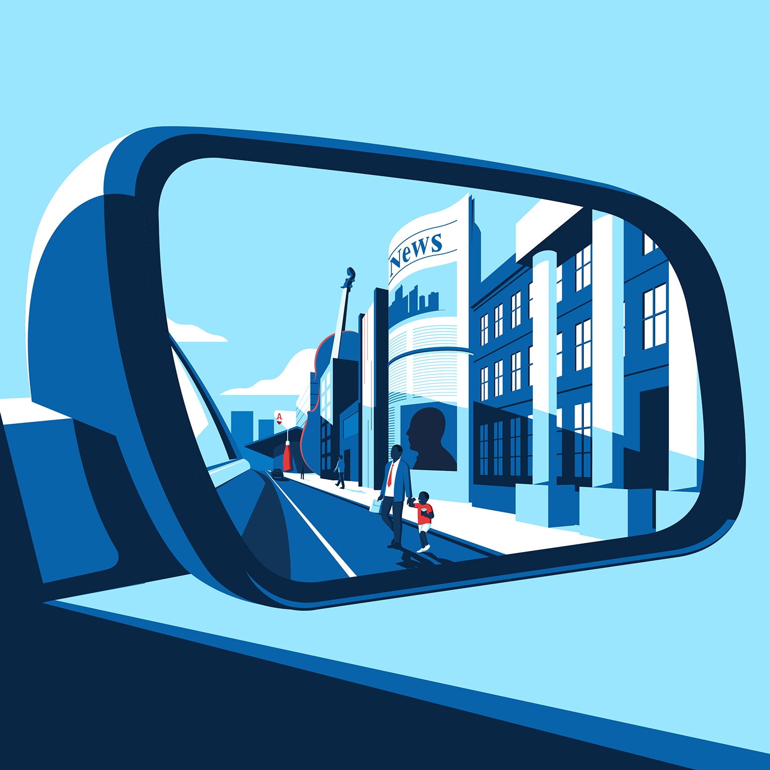 An illustration of a father and son crossing the street of a whimsical depiction of Detroit, Michigan. All seen through the perspective of the side mirror of a car.