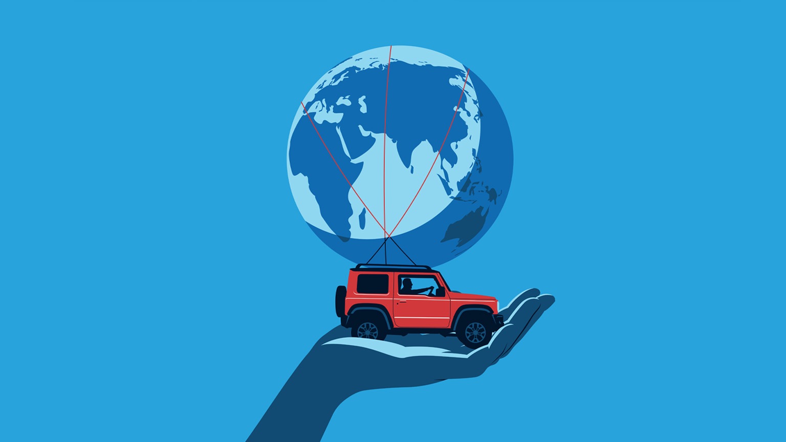 An illustration of a red SUV with a man at the steering wheel, carrying a globe on its roof, rests in a large hand set against a blue background