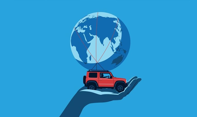 An illustration of a red SUV with a man at the steering wheel, carrying a globe on its roof, rests in a large hand set against a blue background