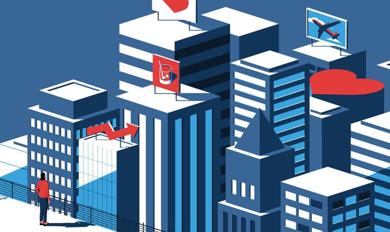 An illustration of a woman standing on a rooftop looking up at billboard advertisements on neighboring rooftops