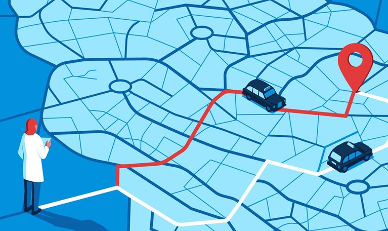 The image shows a brain-shaped map with two taxi routes, suggesting a journey within the brain's neural pathways. A female researcher in a white lab coat is observing this journey.
