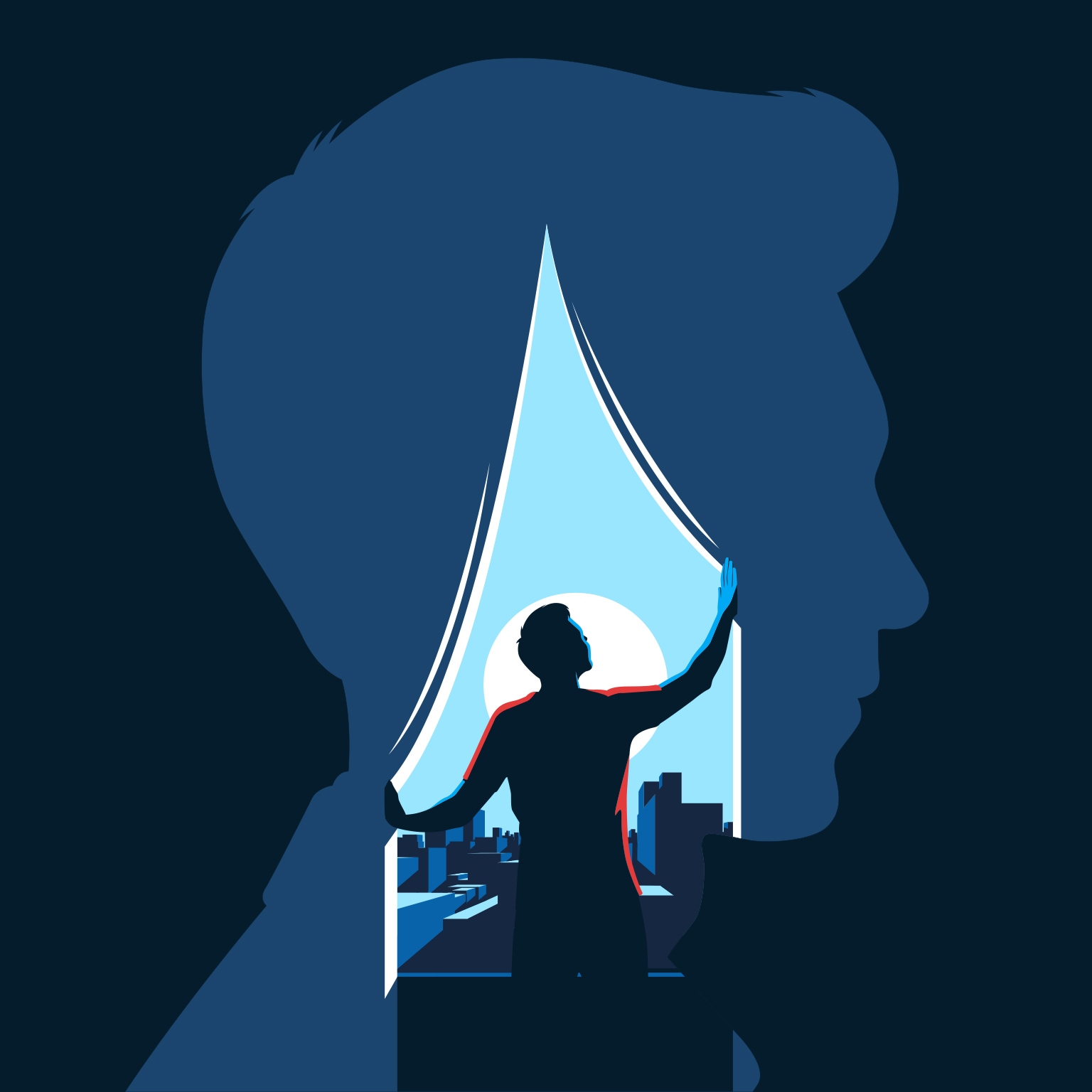 In the illustration, a person is looking through a window at a cityscape. The window is in the shape of a human head, which represents the mind.