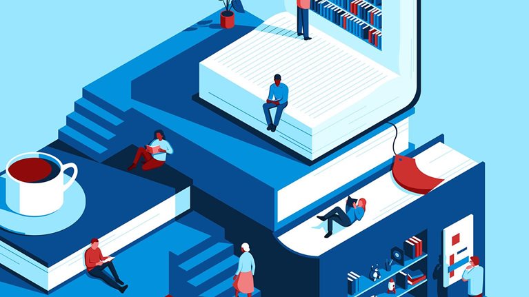 An isometric illustration of books creates a little world for people to relax and read.