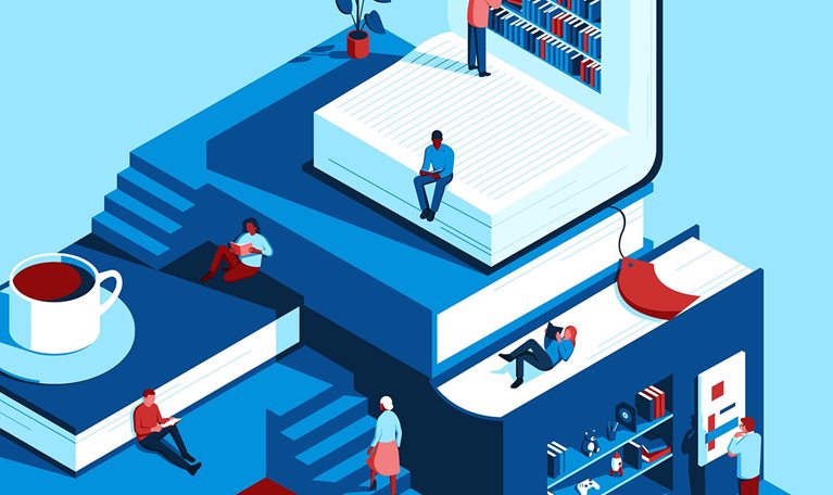 An isometric illustration of books creates a little world for people to relax and read.