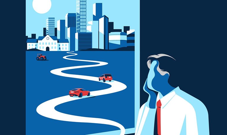 A business man peers out of a window while enjoying a cup of tea. Within the cityscape are cars, a tractor, and a university building.