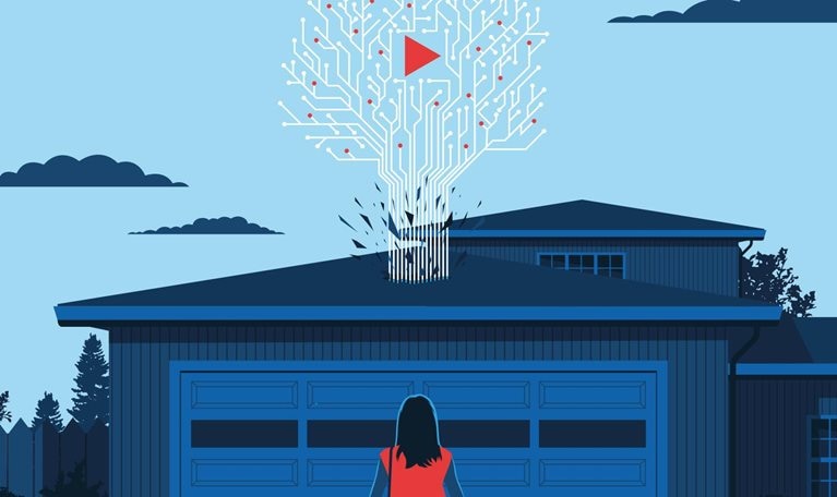 A woman stands in front of her home in reflection. A tree made up of network nodes bursts through the roof of her garage.