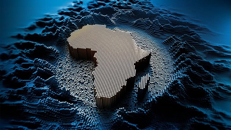 African map in a digital raster micro structure - 3D illustration - stock photo