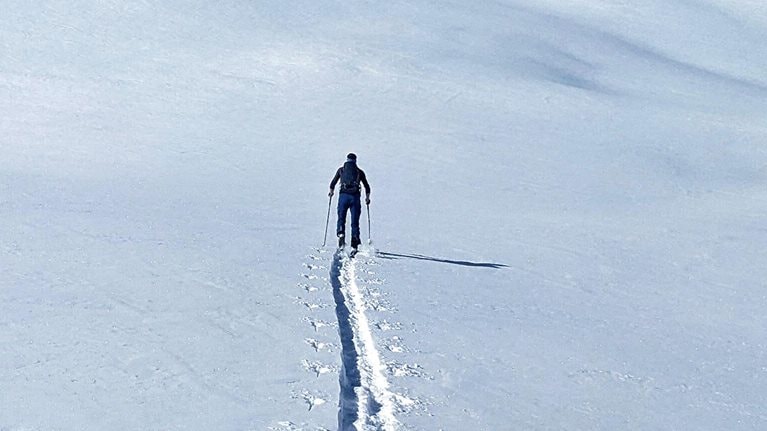 Back country ski tour on the Büelenhorn mountain located in the Albula Alps in Switzerland, near Davos-Monstein