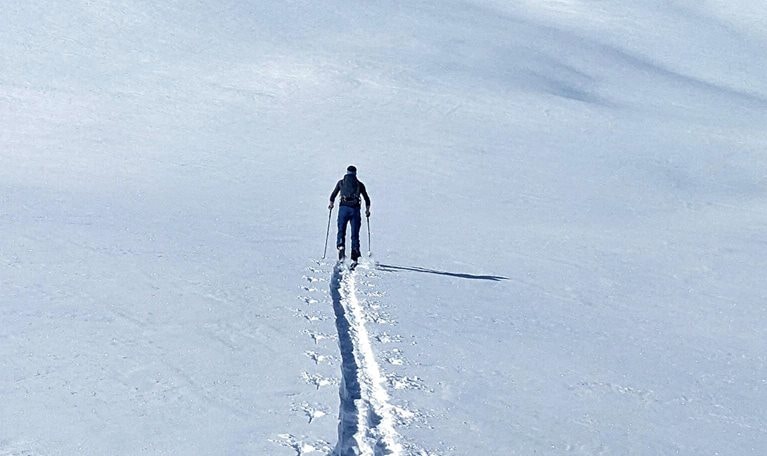 Back country ski tour on the Büelenhorn mountain located in the Albula Alps in Switzerland, near Davos-Monstein