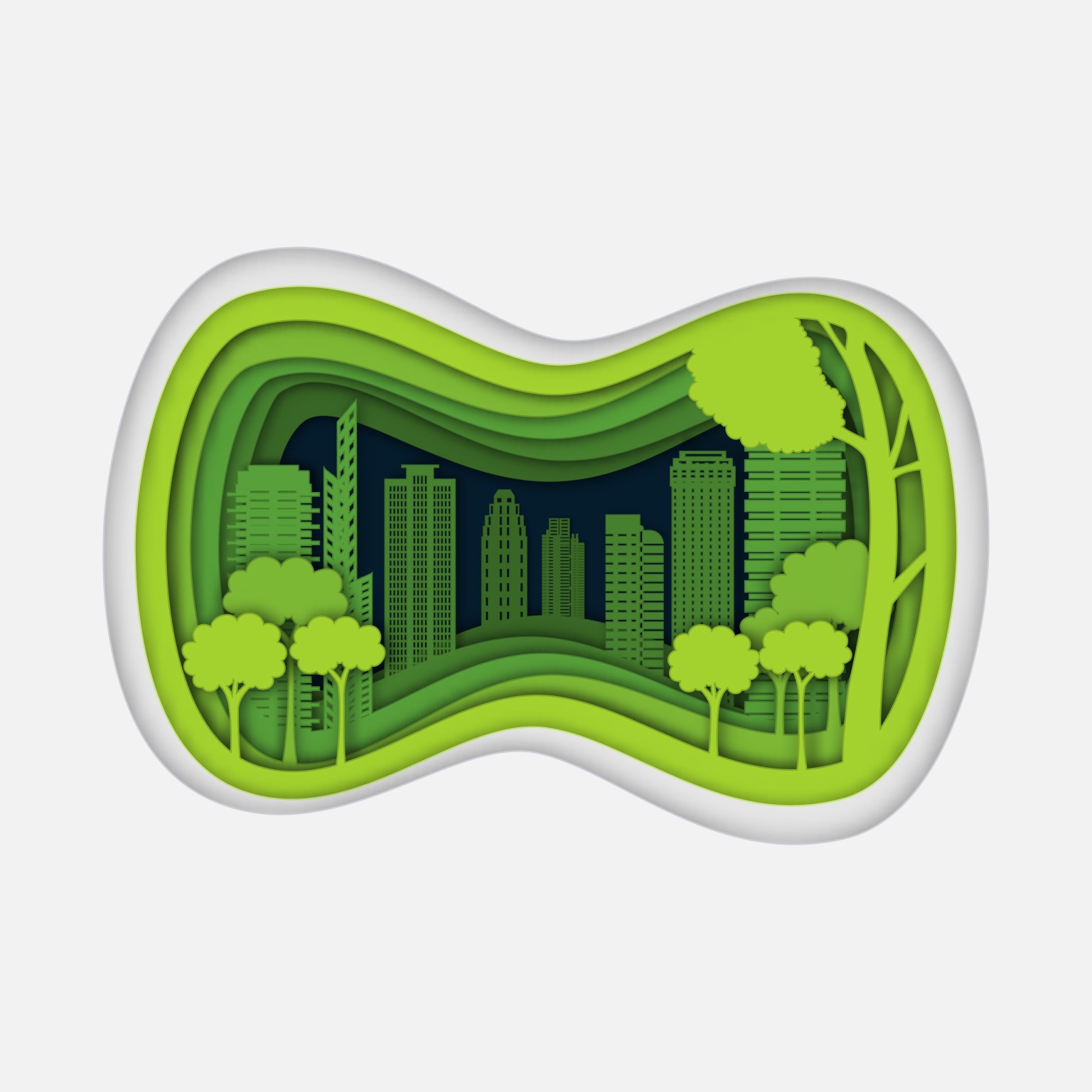 Paper cut image of a city with trees and tall buildings inside it.