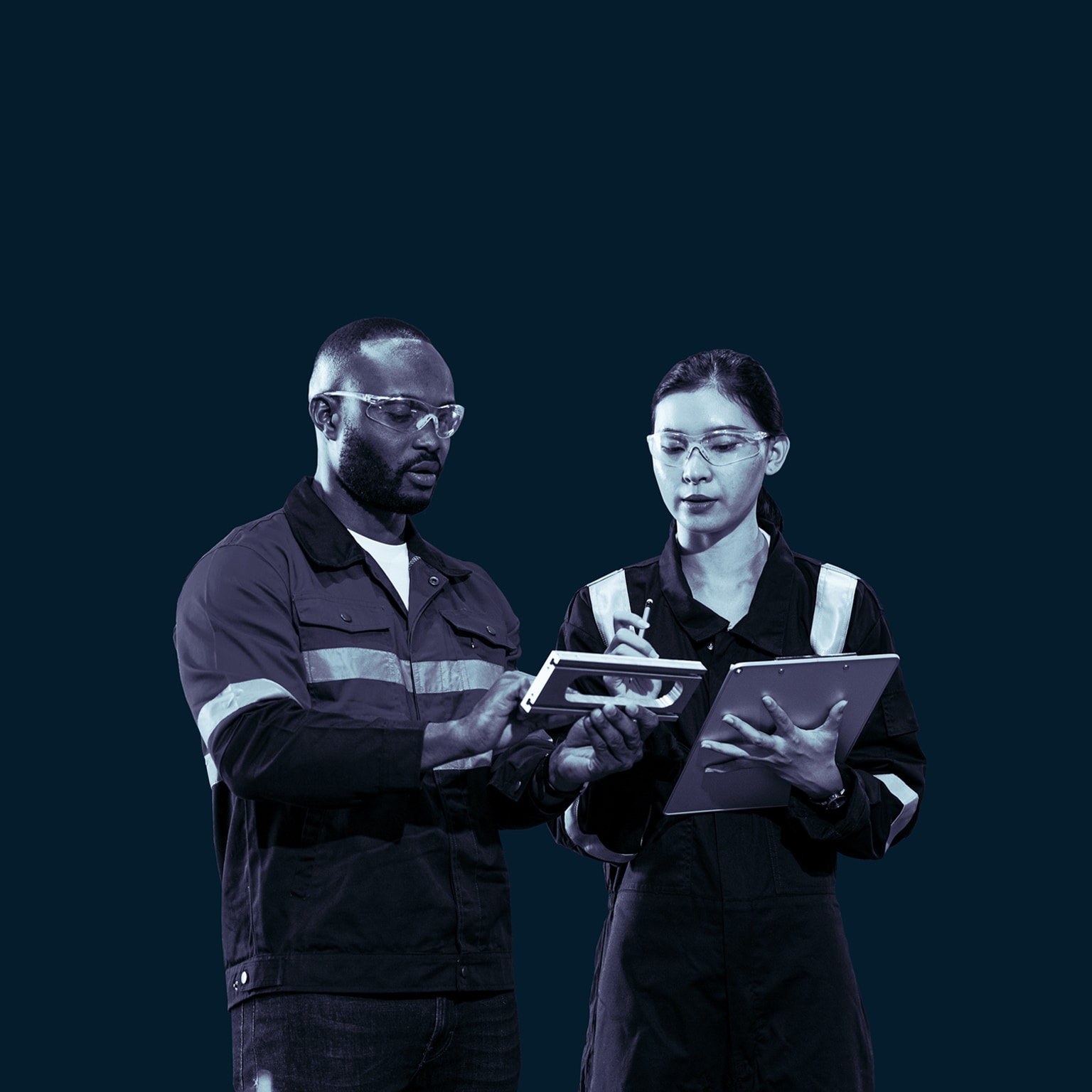 Two engineers are discussing parts