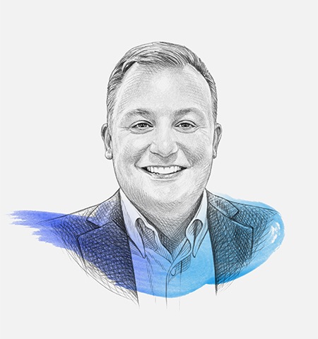 color neutral sketch of Ben Matthews headshot, wearing a dark color suit and white shirt