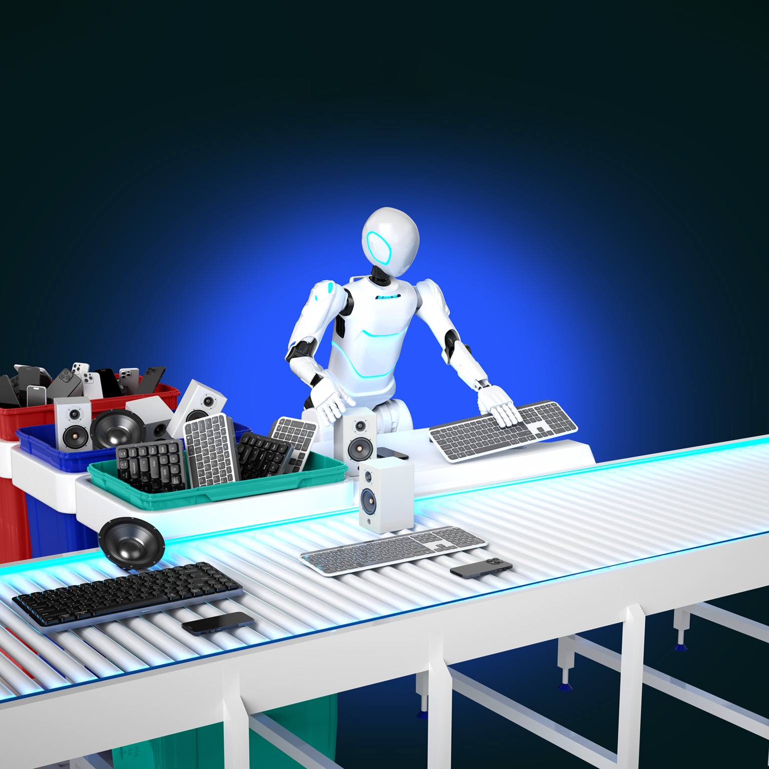 A humanoid robot sorting electronic devices and components on a conveyor belt, with bins of keyboards, phones, speakers, to its side. 