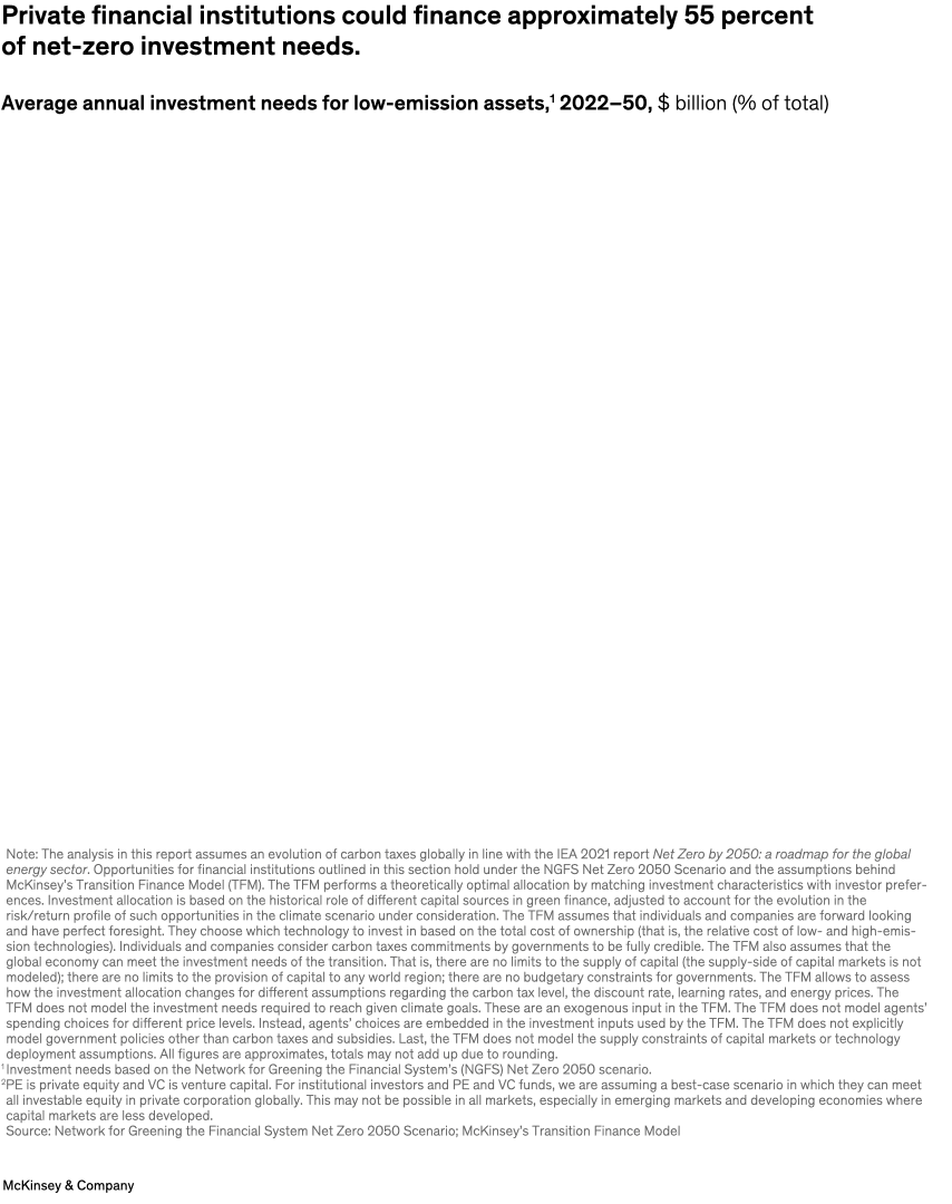 Private financial institutions could finance approximately 55 percent of net-zero investment needs.
