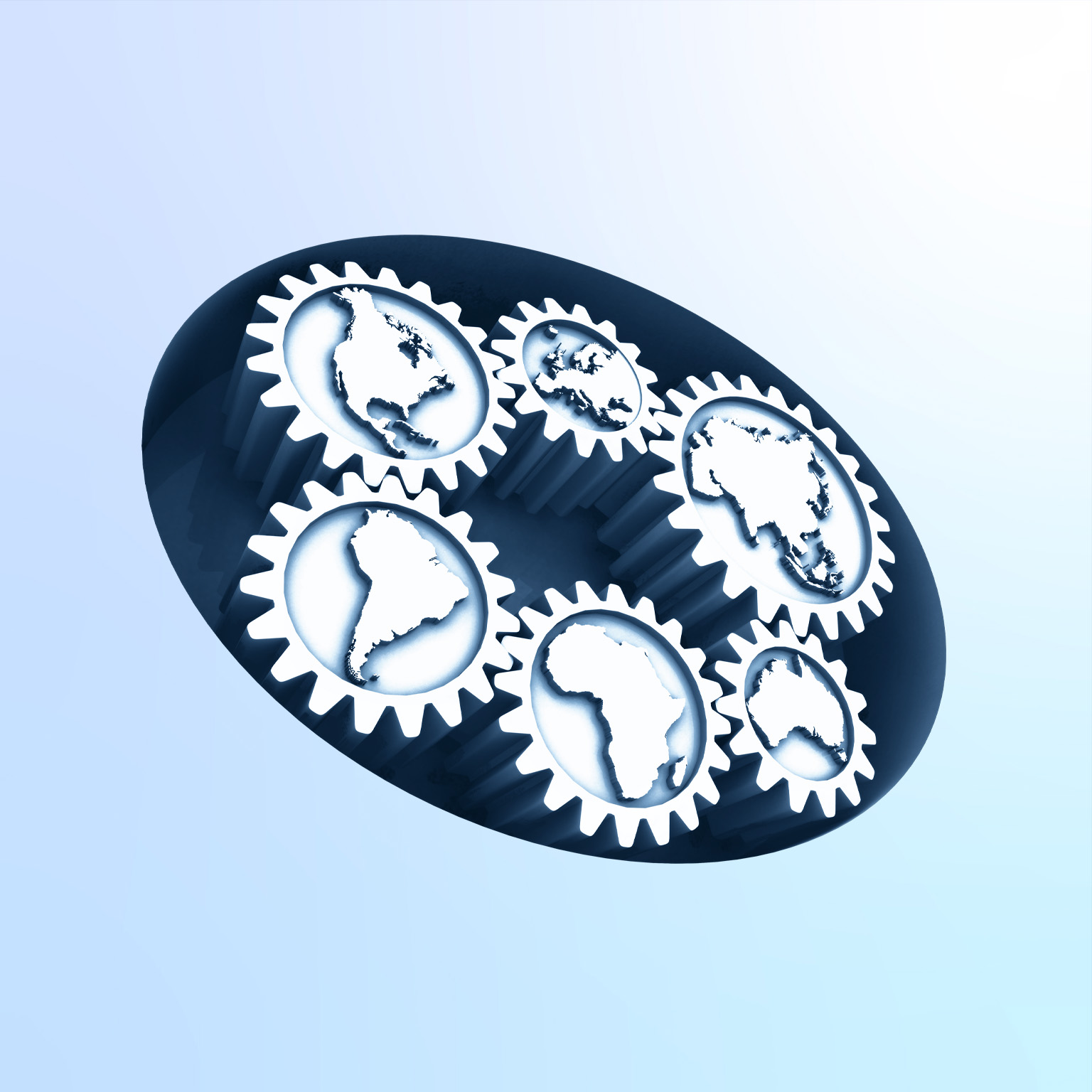 Continents on cogwheels, (digitally generated)