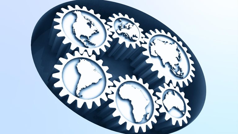 Continents on cogwheels, (digitally generated)