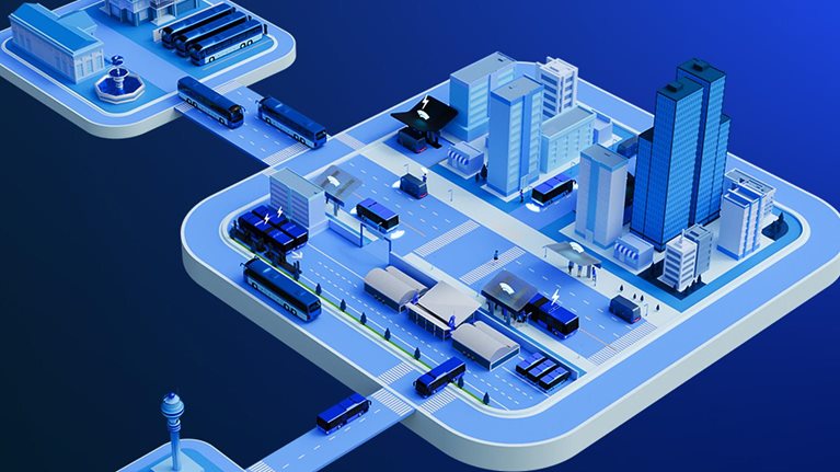 3D isometric illustration of busses traveling within a cityscape