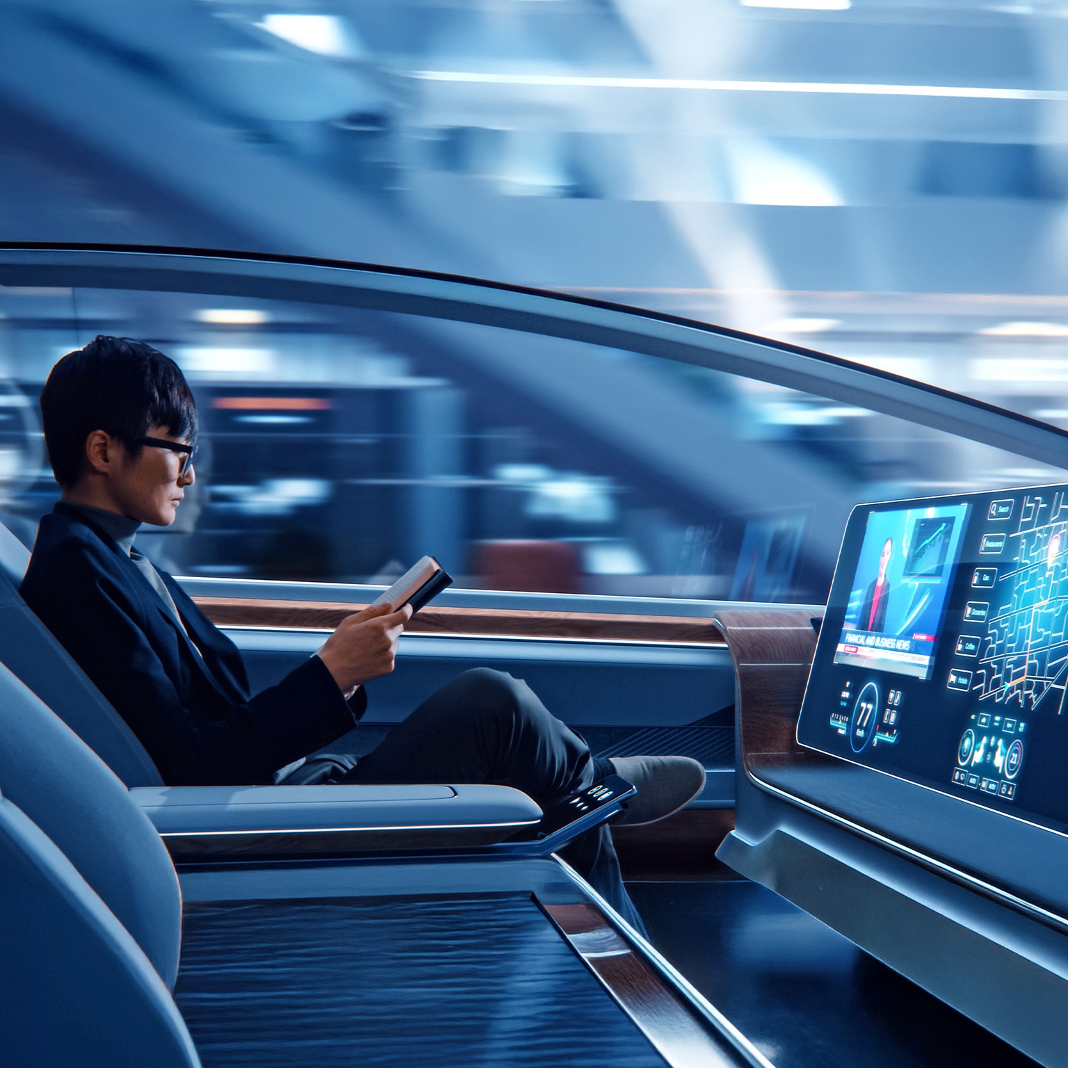 Futuristic Concept: Handsome Stylish Japanese Businessman in Glasses Reading Notebook and Watching News on Augmented Reality Screen while Sitting in a Autonomous Self-Driving Zero-Emissions Car.