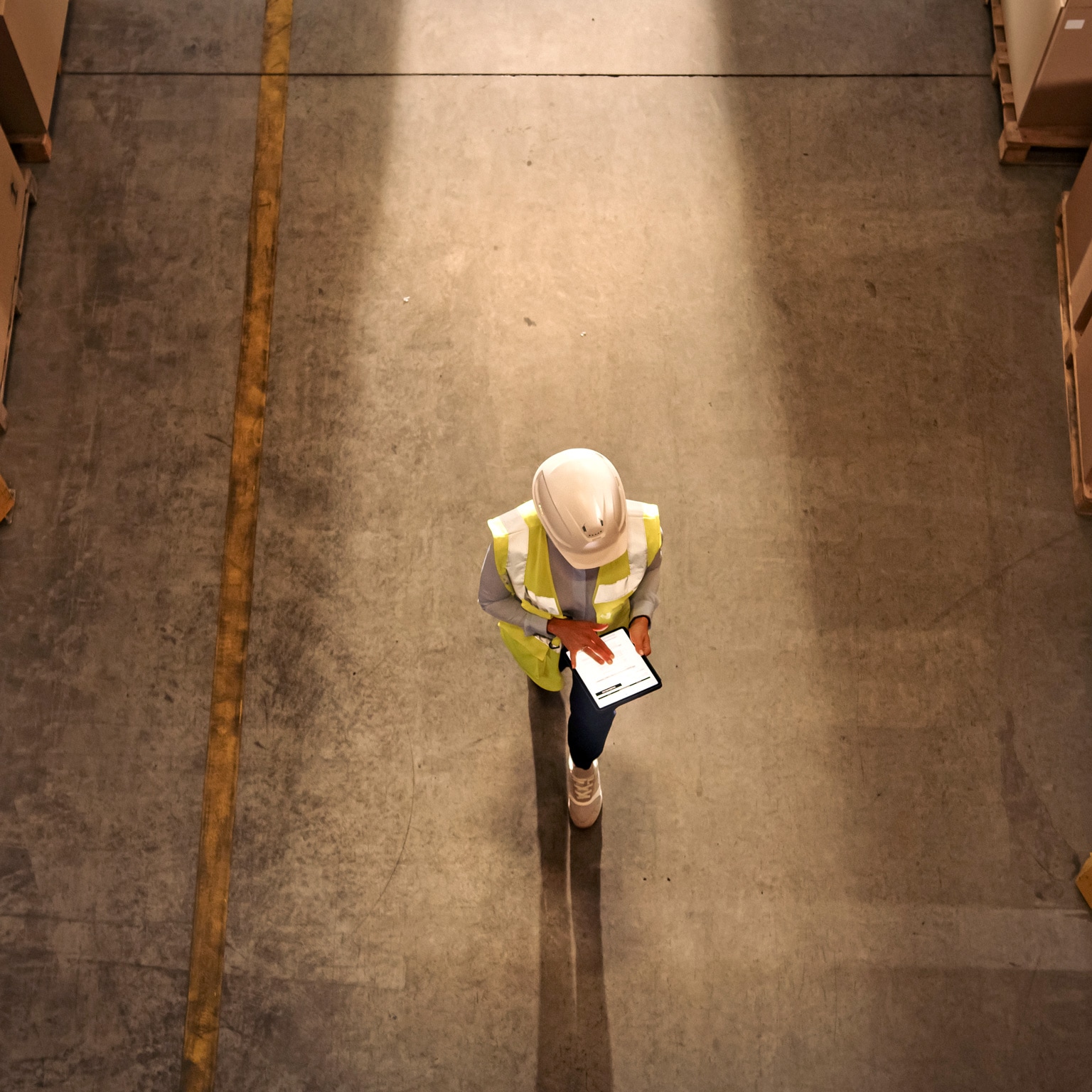Worker wearing hard hat checks stock and inventory using digital tablet computer in a warehouse