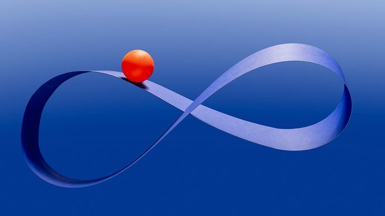 Bright red ball riding on blue mobius infinity strip in mid-air against blue background