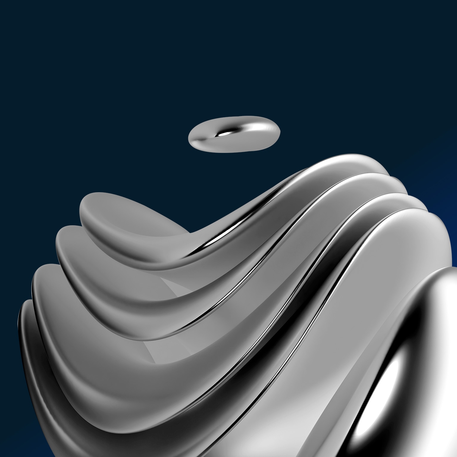 3d render of abstract art with surreal 3d organic alien ball or liquid substance in curve wavy smooth and soft bio forms in matte aluminum metal material with glossy silver parts on blue background