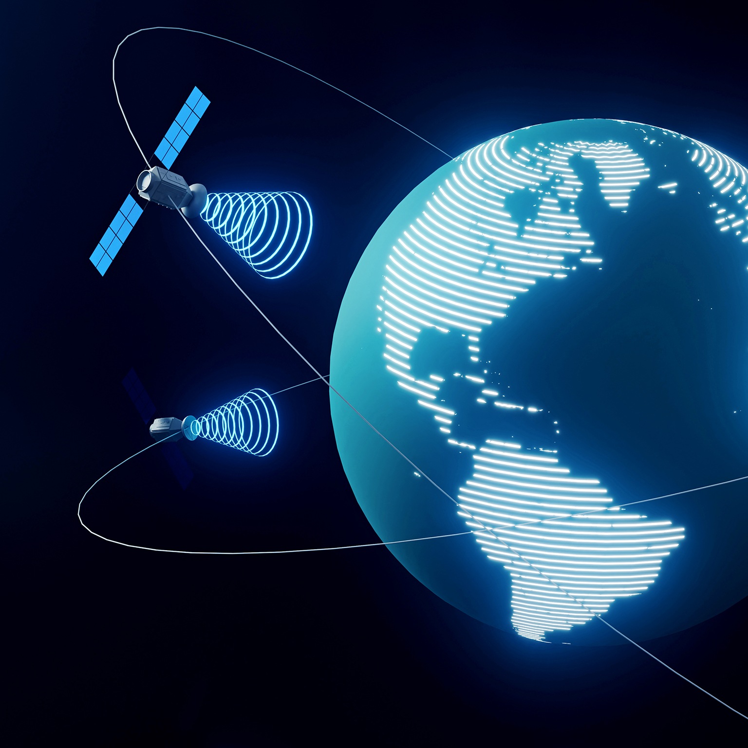 This image illustrates the concept of global satellite communication or internet access, featuring a digital representation of Earth surrounded by orbiting satellites.