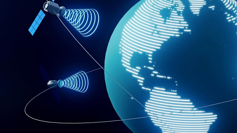 This image illustrates the concept of global satellite communication or internet access, featuring a digital representation of Earth surrounded by orbiting satellites.