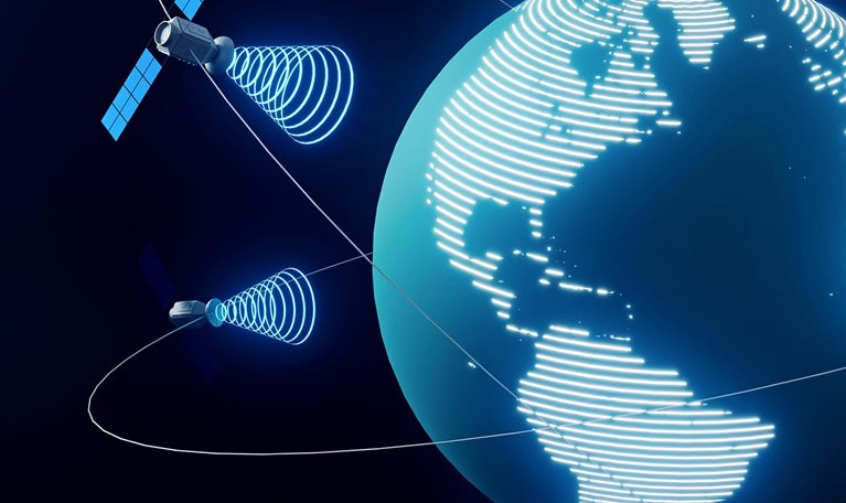 This image illustrates the concept of global satellite communication or internet access, featuring a digital representation of Earth surrounded by orbiting satellites.
