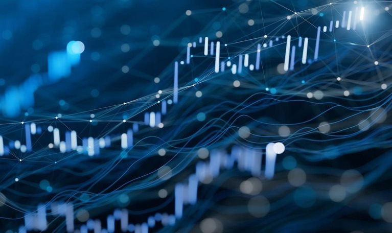 The image is an abstract, digital illustration representing financial data and market trends.