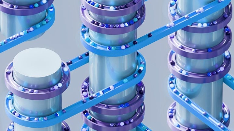 3D render of interconnected cylindrical nodes wrapped with circular tracks carrying small spheres through multiple routes. Concept for AI infrastructure, data pipelines, network connectivity, and automated processing.