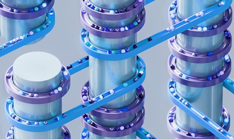 3D render of interconnected cylindrical nodes wrapped with circular tracks carrying small spheres through multiple routes. Concept for AI infrastructure, data pipelines, network connectivity, and automated processing.