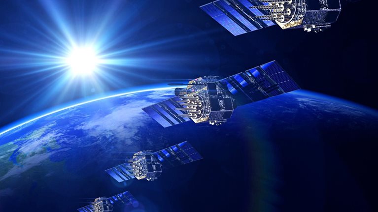 Satellites around the earth, all in blue tone