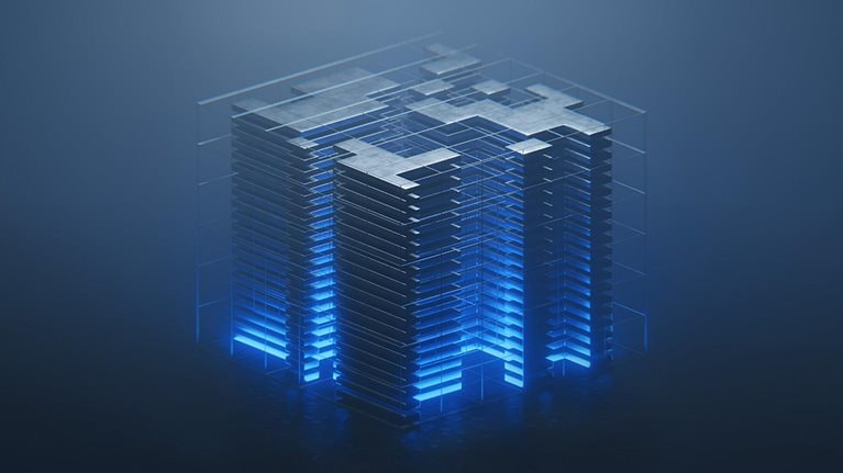Digitally generated image of an cubic data tech block, abstract design featuring several interconnected, box blocks-like structures that appear to pattern. These blocks are illuminated with a digital blue and green color scheme, with countless tiny, glowing elements resembling data streams or circuit boards. Artificial intelligence, machine learning or digital transformation concept.