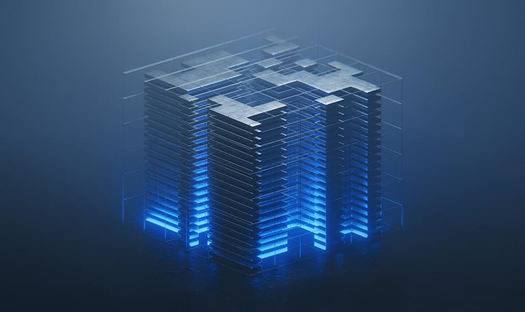 Digitally generated image of an cubic data tech block, abstract design featuring several interconnected, box blocks-like structures that appear to pattern. These blocks are illuminated with a digital blue and green color scheme, with countless tiny, glowing elements resembling data streams or circuit boards. Artificial intelligence, machine learning or digital transformation concept.