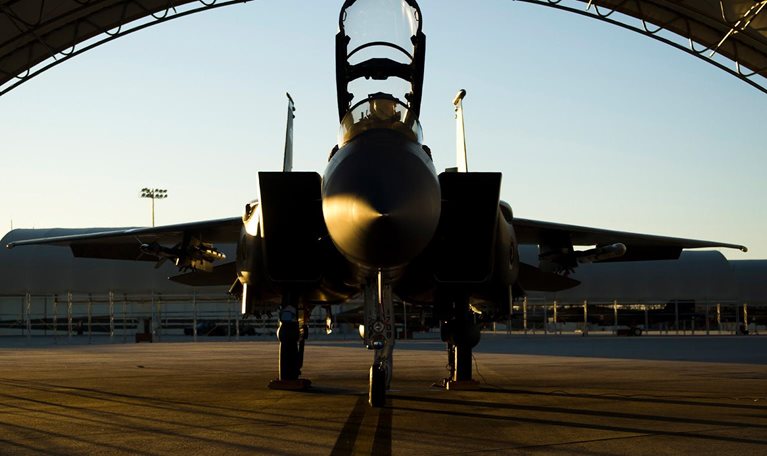 A U.S. Air Force F-15E Strike Eagle aircraft waits to take part in a training mission at Seymour Johnson Air Force Base, North Carolina.