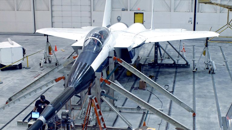 An F-15B testbed aircraft undergoes ground vibration testing