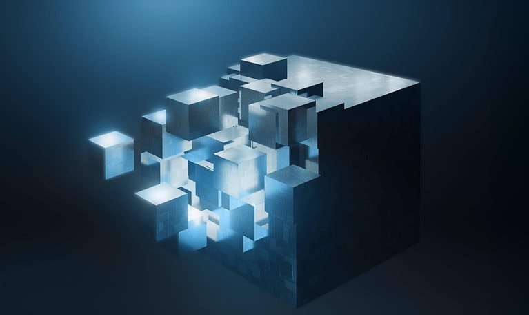 Futuristic render of 3D cube against dark background