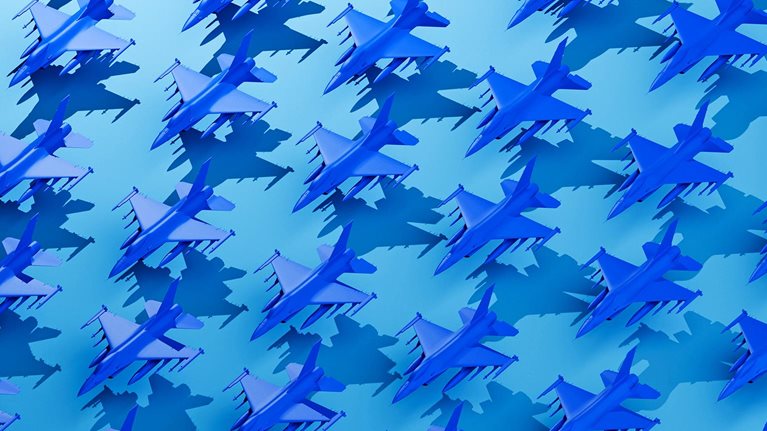 Formation Control – Grid of Stylized Blue Fighter Planes Representing Strategy and Precision