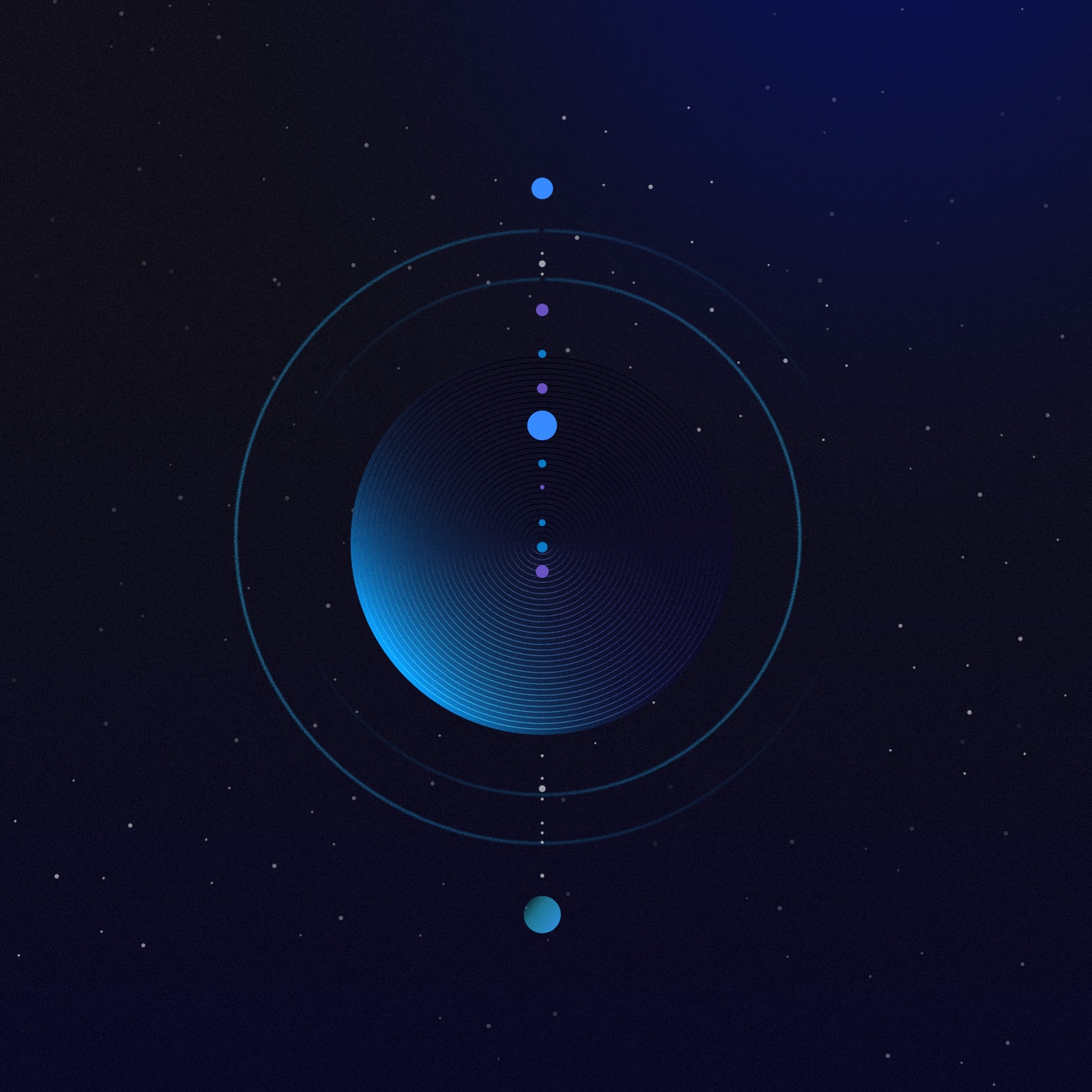 An illustration of a planet using delicate line work. Several rings encircle the planet, and a retinue of moons align in a row to dominate the center of the image.
