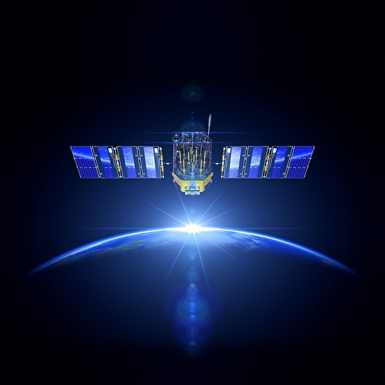 Image of a satellite equipped with two large solar arrays in orbit around the Earth with a view of the planet's blue and white surface with the sun rise glowing on the horizon.