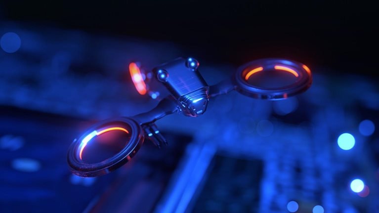 The item shown is a cutting-edge, cyber-style drone illuminated with orange and blue lights.