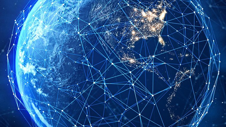 3D Render of Planet Earth with Digital Network. Night Side with Illuminated Cities Lights.