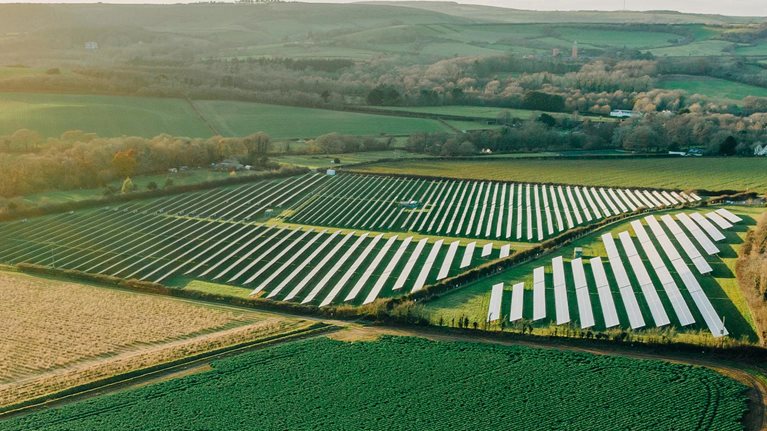 An aerial view of UK agricultural fields - stock photo