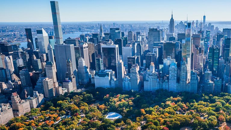 Central Park and NYC skyline facing south - stock photo