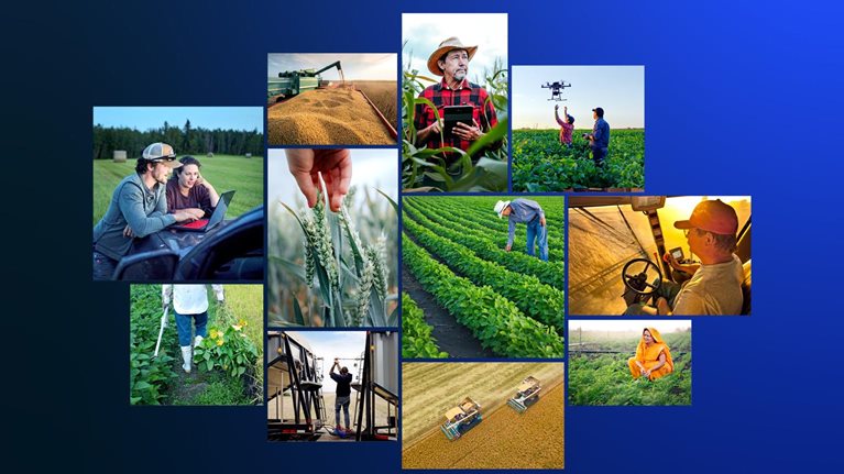 A collage of farmers, crops, harvesting equipment, and agricultural technology set against a deep blue background. The images highlight a mix of traditional fieldwork, digital tools, drones, and mechanized agriculture.