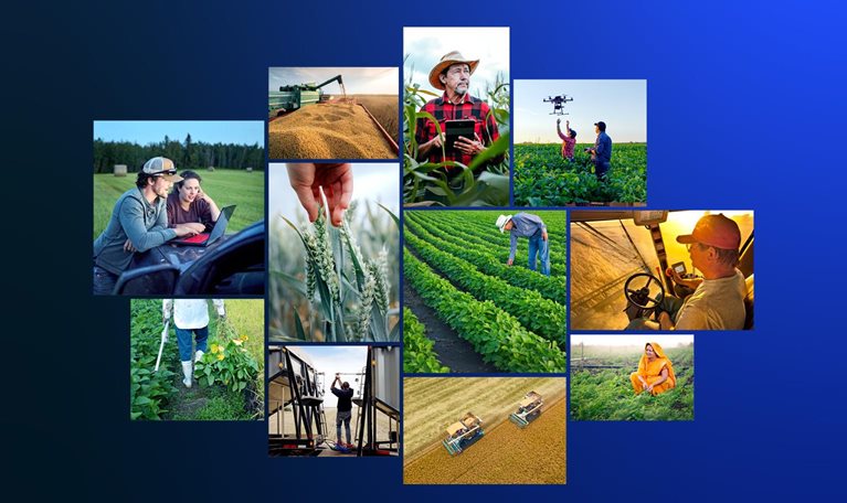 A collage of farmers, crops, harvesting equipment, and agricultural technology set against a deep blue background. The images highlight a mix of traditional fieldwork, digital tools, drones, and mechanized agriculture.